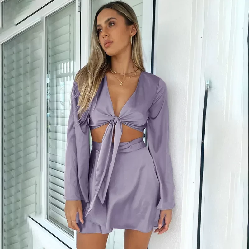 

Satin Two Piece Set Women Autumn White Lantern Long Sleeve Crop Cardigan Tops Lace Up Wrap Sexy Mini Skirts Elegant Purper Suits