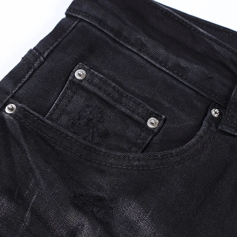 Fashion Brand Men's Jeans Streetwear Stretch Slim Fit Skinny Denim Ripped Blue Patch Pants Hip Hop Harajuku Male Pencil Trousers