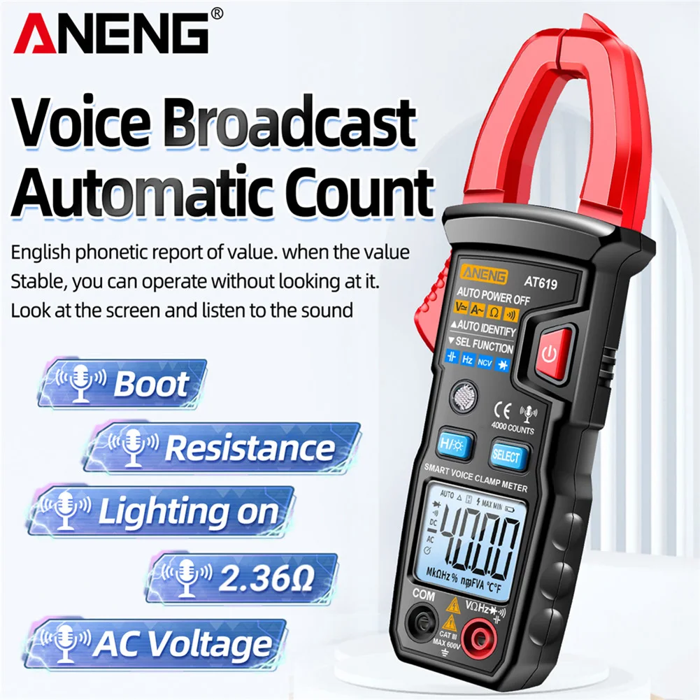 

Цифровой мультиметр-зажим ANENG AT619, Электрический тестер переменного/постоянного тока, голосовое вещание, 4000 отсчетов, автоматический выбор диапазона, измерительные инструменты