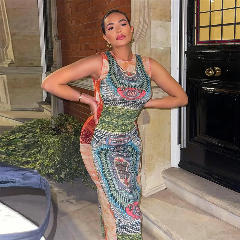 

FTS Sexy Mesh Long Dresses For Women 2022 Perspective Contrast Splice Skinny Sleeveless Elegant Female Dress