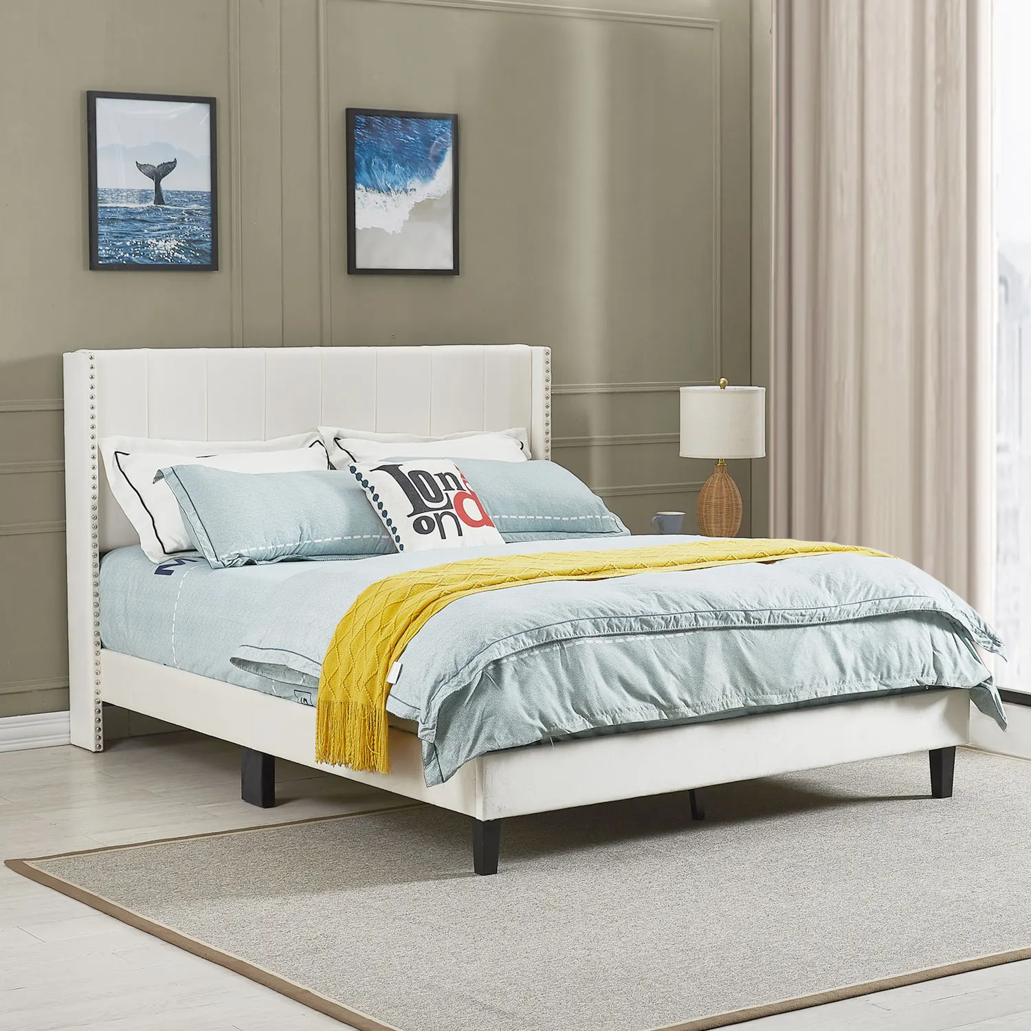 Low Profile Velvet Bed Platform Raised Wingback Headboard/wood Slat Support Beige/black