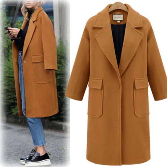 

Winter New Large Size Long Casual Woolen Coat Lapel Large Pocket Coat Women