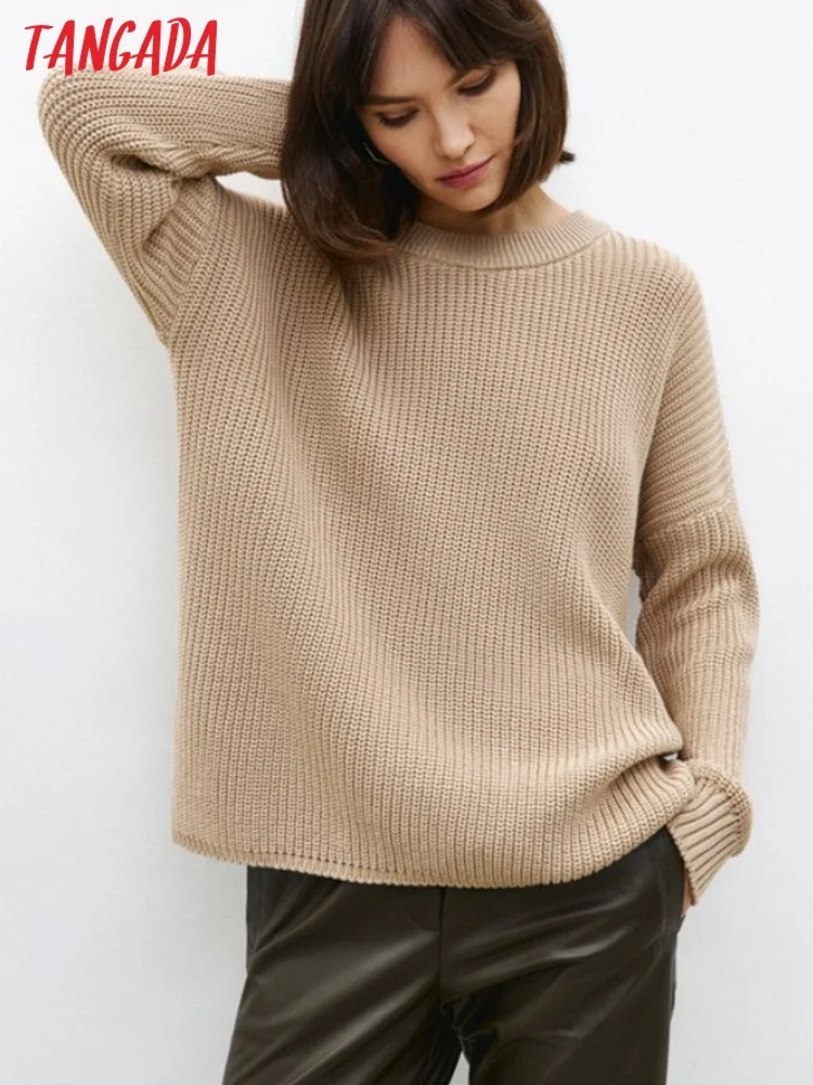 

Tangada 2022 Winter Women Khaki Oversized Sweater Jumper Acrylic 70 Cotton 30 Vintage Ladies Knitted Tops 6L51-1