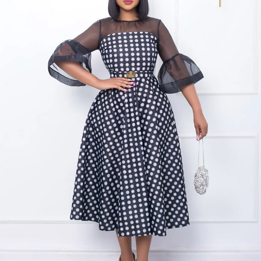 2022  Summer Fashion Style African Women Half Sleeve White Black Round Neck Printing Knee-length Dress African Dresses for Women