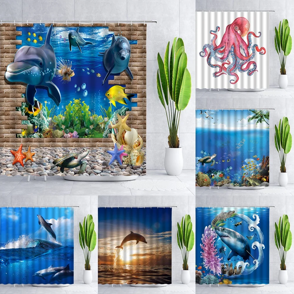 

Underwater Dolphin Shower Curtain Blue Ocean Sea Kids Bath Curtains Starfish Octopus Fish Coral Reef Bathroom Screen With Hooks