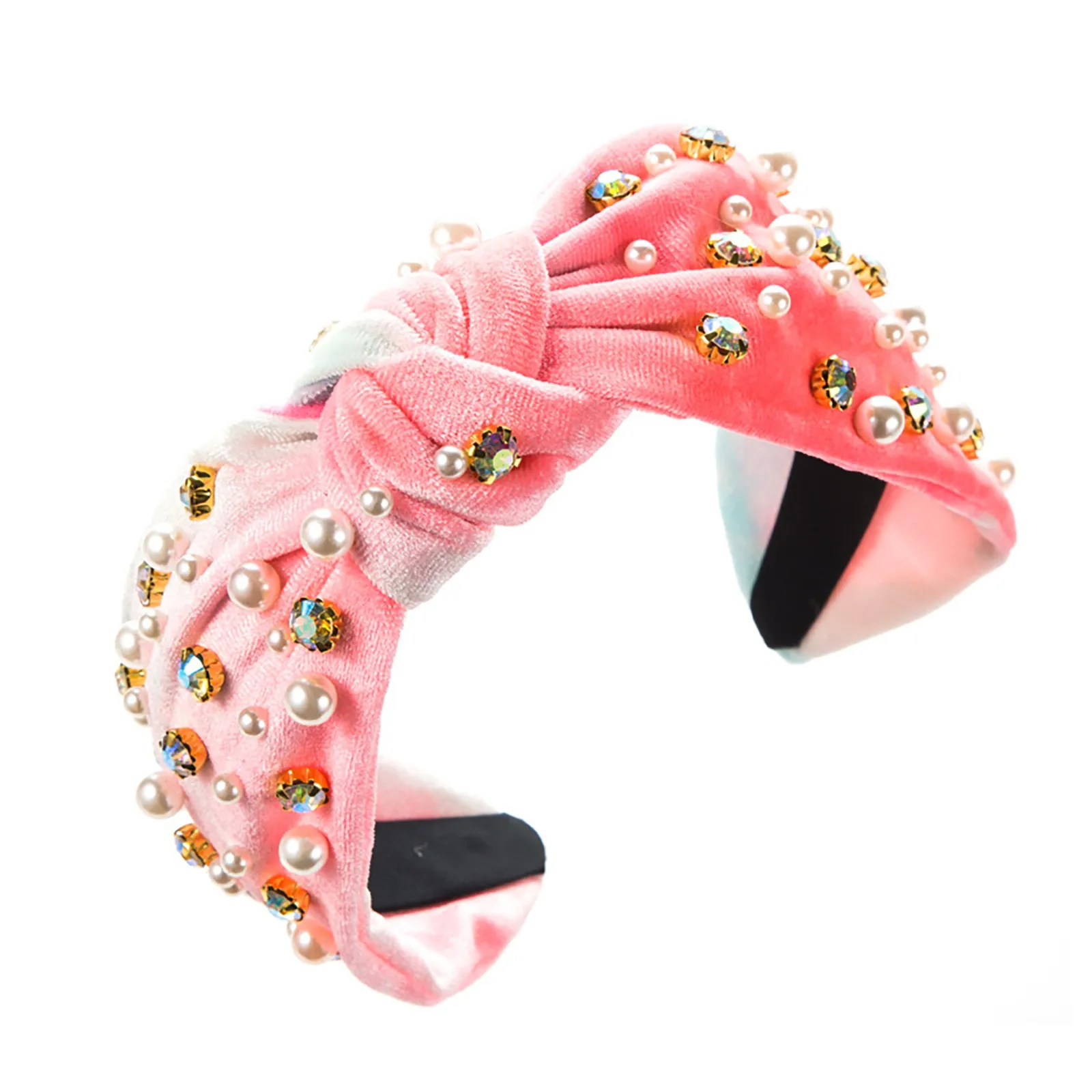 

Women's Velvet Tie Dye Candy Colored Fabric Broad Brimmed Knotted Diamond Encrusted Pearl Hair Accessory