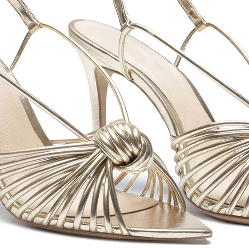 2022 Women's Pointed Toe Knotted Sandals Gold Summer Shoes Ladies Plus Size Party High Heels Slingbacks Stilettos Heeled Sandals