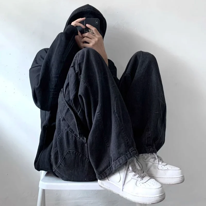 DEEPTOWN Baggy Cargo Jeans Men Loose Oversize Denim Pants Male Black Wide Leg Trousers Retro Casual Japanese Streetwear Hip Hop