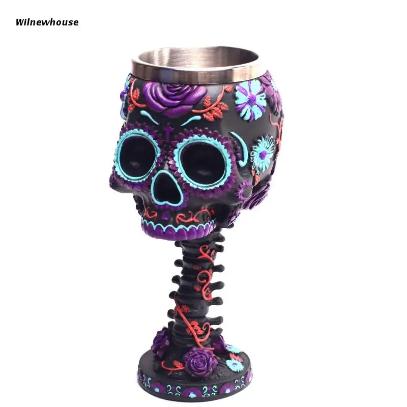 

F63A Medieval Skeleton Chalice Skull Cup Double Wall Drinking Goblet Resin Material