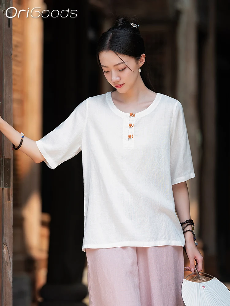 Новинка 2024 летняя Тонкая Блузка OriGoods футболка женские льняные крутые футболки в