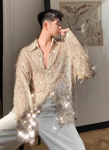 

Мужская рубашка с длинным рукавом, с бахромой и блестками