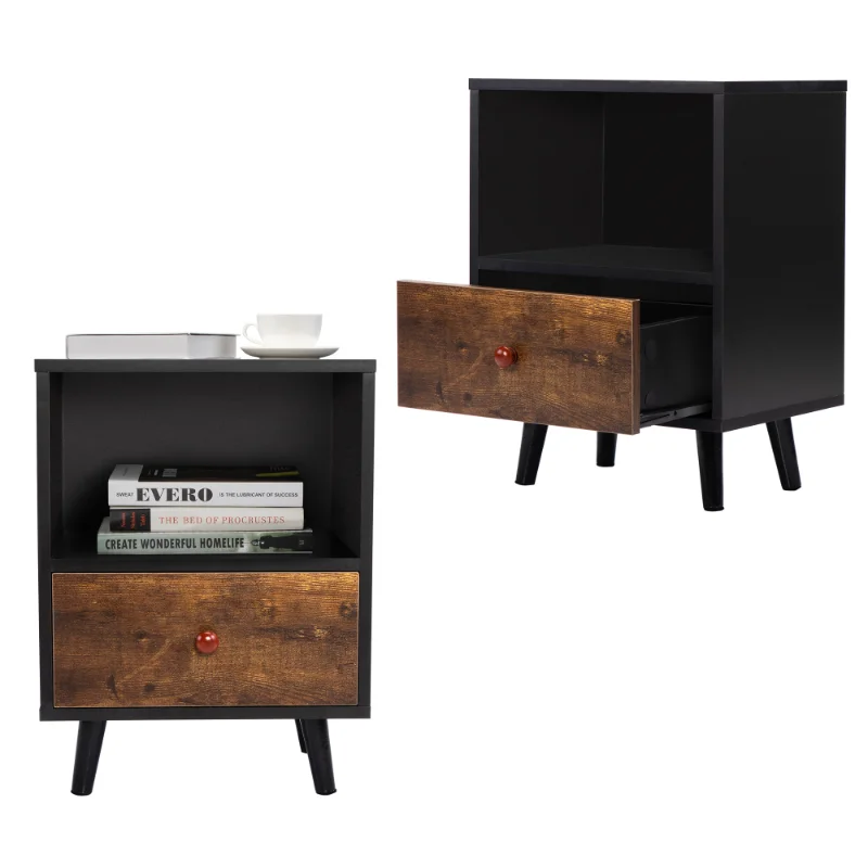 

[Flash Deal] 2-piece Nightstand Set with 1 Drawer and Short Leg End Table with Storage Rack Black for Easy Assembly [US Stock]