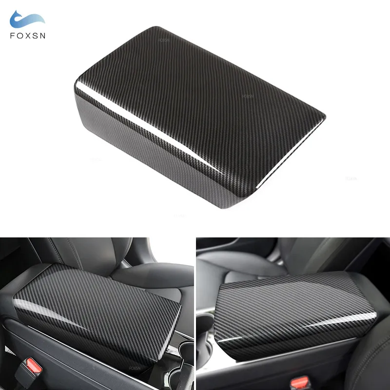 

For Tesla Model 3 Y Car Interior Center Console Control Armrest Storage Box Cover Trim Accessories ABS Carbon Fiber Texture