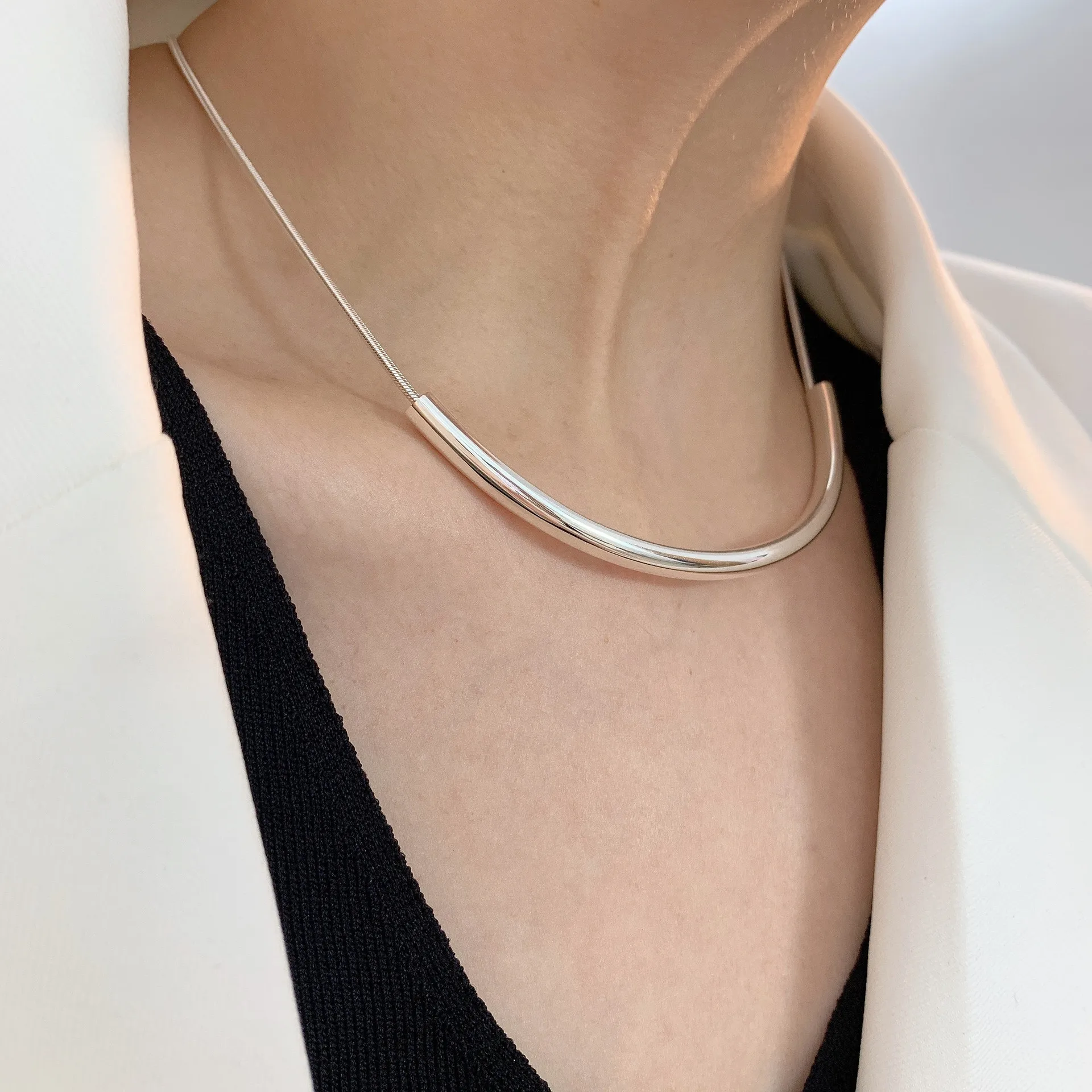 

925 Sterling Silver Arc-shaped Semicircle Pendant Necklace Prime Circle Choker for Women Summer Jewelry Minimalist Fashion Party