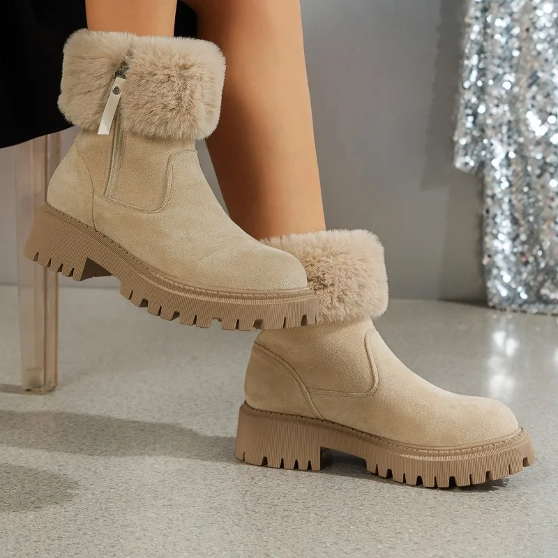 

Leather Women's Snow Boots Plush Warmth Casual Cotton Boots Zipper Anti-slip Fangen Womens Boots Fake Fur Fashion Nude Boots