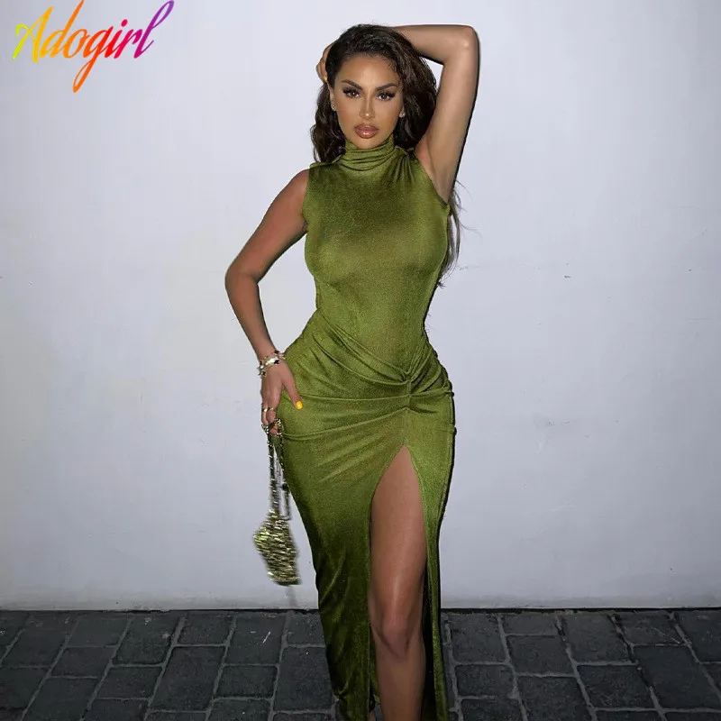 

Adogirl сексуальное однотонное длинное платье на шнуровке с разрезом для женщин без рукавов облегающее платье для ночной вечеринки клуба 2022 се...