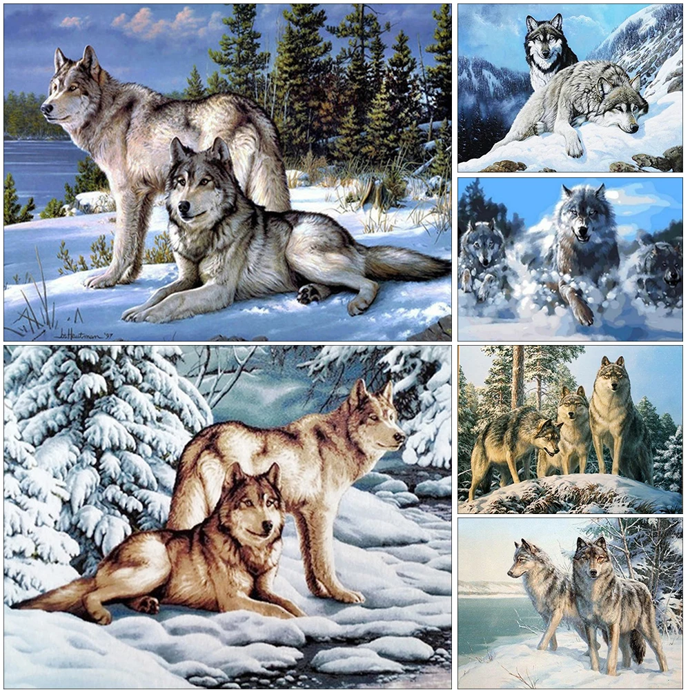 Meian Snow Wolf Cross Stitch Painting Kit 11/14 CT Animal Mosaic DIY Embroidery Kit Home Decoration Printed Canvas Needlework