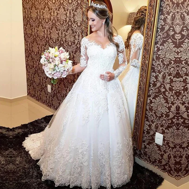

ZJ9160 Sexy Super Quality Lace Ball Gown White Ivory Long Sleeve Wedding Dress 2023 Bride Dresses Lace Bottom Plus Size