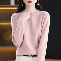round neck sweater womens spring and autumn thin section 100 pure wool knitted bottoming pullover foreign style longsleeved top
