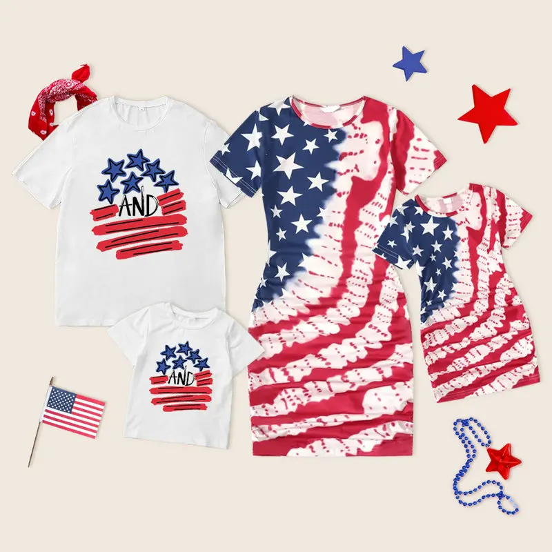 

Star Flag Dress Family Look Matching Outfits Mother And Daughter Bodycon Dress Father Son Short Sleeve T-shirt Mommy Daddy Me