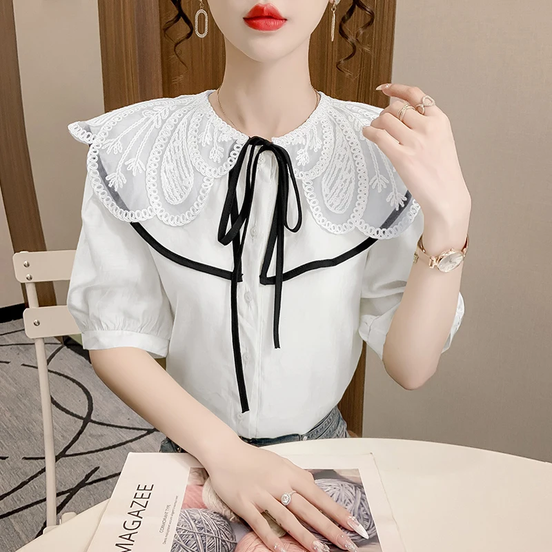 

New Summer doll collar Lace White Long Sleeve Shirt Female Spring Shirt Blusas Mujer De Moda Elegantes Women Blouses Shirt 661C