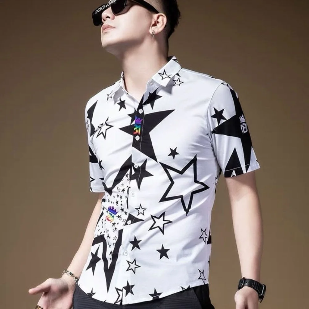 Men's Five-pointed Star Print Short-sleeved Shirt, Hong Kong Style Casual Men's Shirt, Men Fashion Clothing Trends Summer Shirts