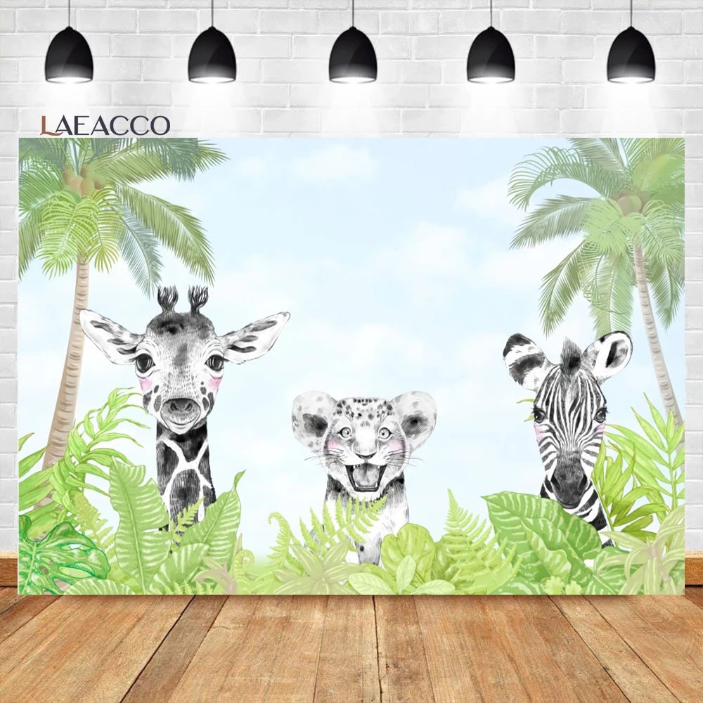 

Laeacco Фотофон с животными тропические джунгли милый Лев Жираф Дети День рождения портрет фотография фон на заказ