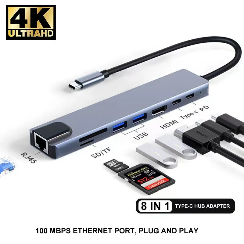  USB 타입 C 허브 어댑터, SD Tf Rj45 카드 리더기, 맥북 노트북 컴퓨터용 Pd 고속 충전, 8 in 1, 3 1 to 4k HDMI 