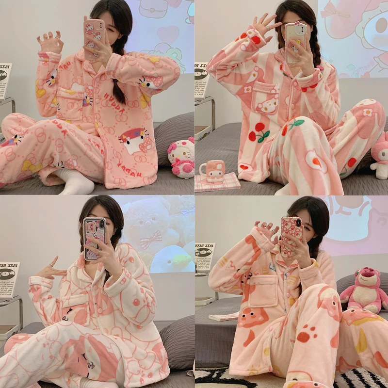 

Пижама Hello Kittys Женская осенне-зимняя утепленная аниме Коралловая флисовая кавайная мультяшная флисовая спортивная одежда с длинным рукавом