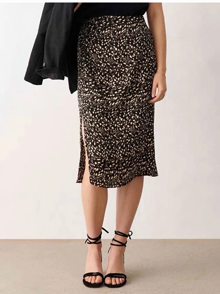 

100% Viscose Women Polka Dot Print Pleated Jupe Slit All-match High Waist Holiday Style Ladies Midi Skirt 2022 new