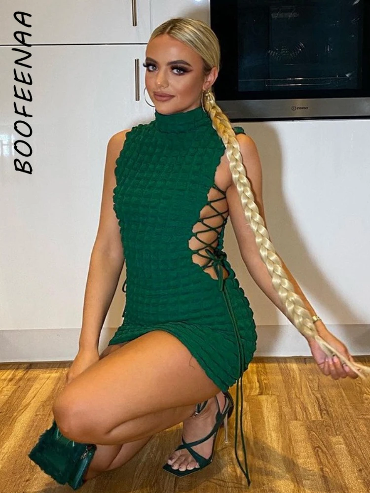 

BOOFEENAA Hollow Out Tie Up Bandage Dress Sexy Club Outfits for Women New 2022 Green Sleeveless Bodycon Mini Dresses C83-CH29