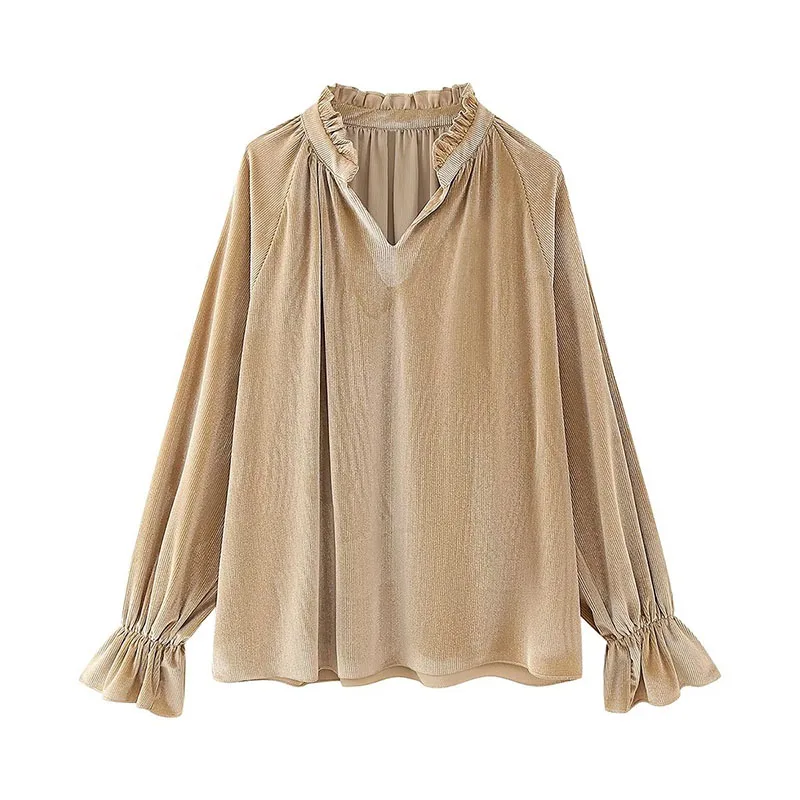 

Autumn Women's Tops 2023 New Casual Round Neck Flared Sleeve Corduroy Shirt Short Loose Chic Blouse