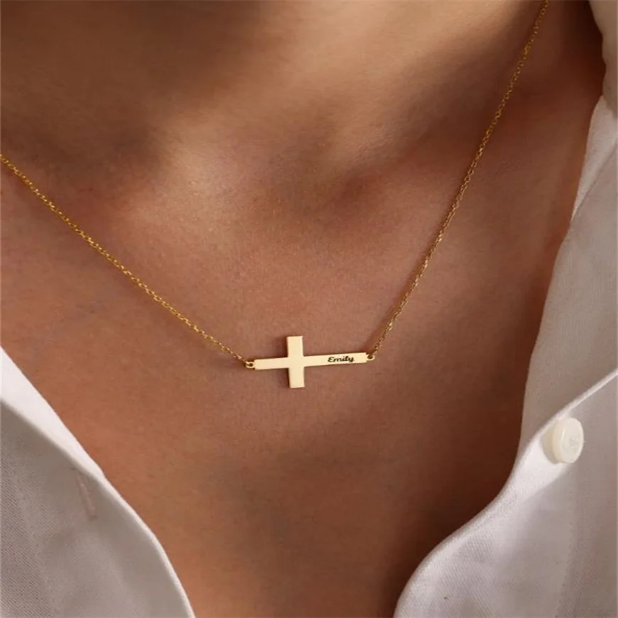 

Custom Cross Name Necklace Personalized Laser Lettering Stainless Steel Pendent Women Charm Jewelry Couple Choker For Friends