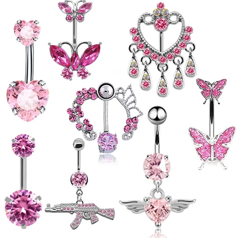 

14G Stainless Steel Butterfly Navel Belly Button Rings Women Fashion Wing Belly Button Ring Piercing Body Piercings Jewelry Pink