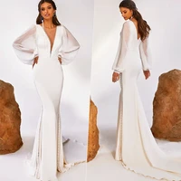 elegant long sleeve wedding dress mermaid 2022 sexy deep v neck lace wedding gown sweep train backless vestido de noiva
