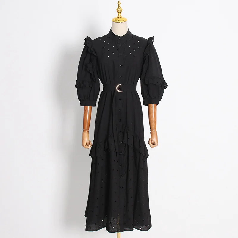 

SeeBeautiful Elegant Hollow Out Embroidery Dress Stand Short Sleeve Belt Single Breasted Women 2022 Autumn New Fashion Q822