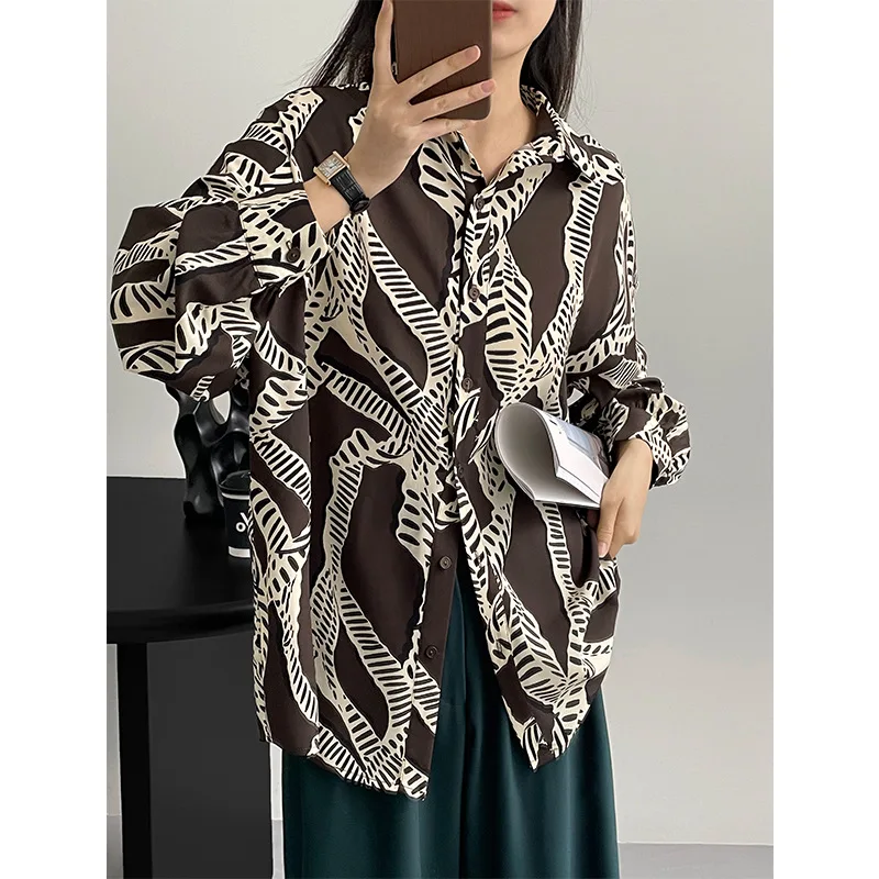 

Early spring retro printed coffee color long-sleeved shirt women's 2023 lazy style chic tops