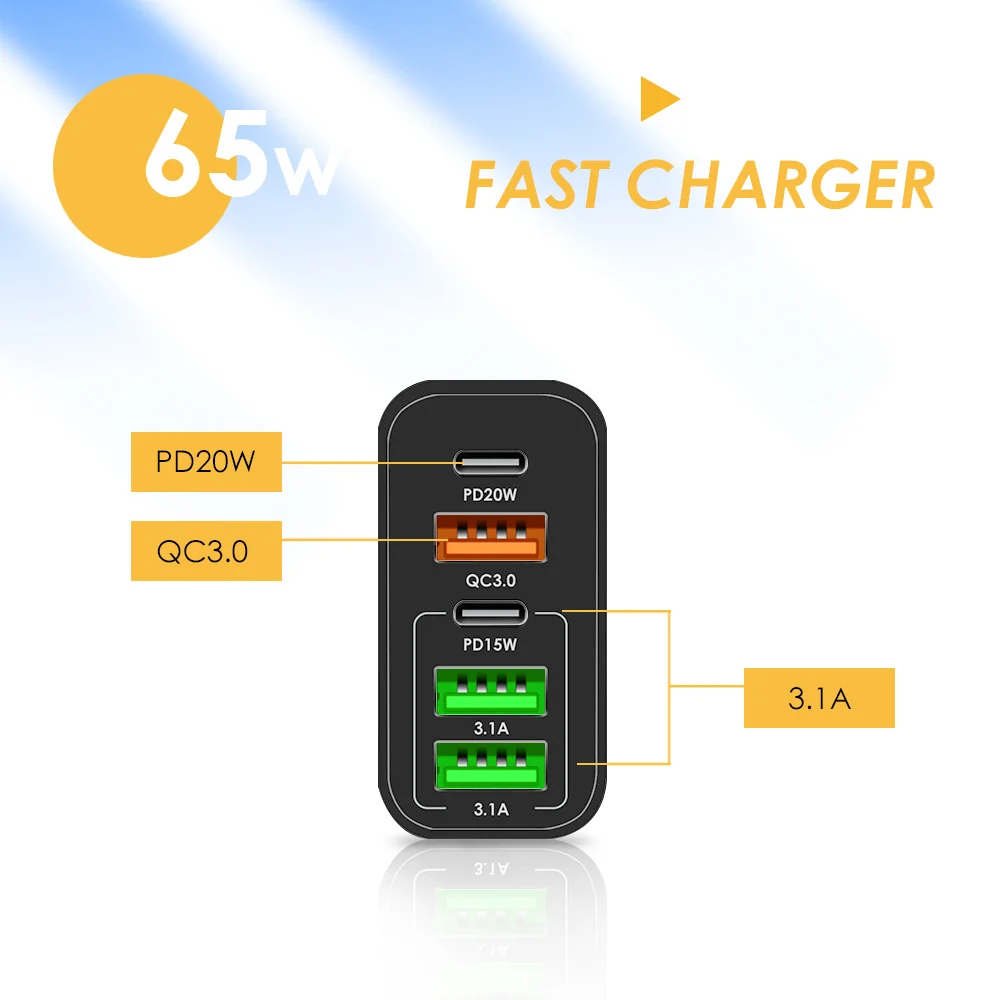Быстрый зарядной устройство Olaf 65W USB Charger с поддержкой QC 3.0 и PD для iPhone Samsung Xiaomi Mobile с 5-ти портовым адаптером EU US UK Plug для путешествий.
