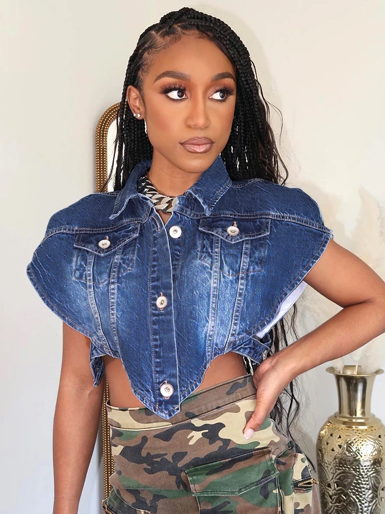 

Женский Джинсовый укороченный топ Bolopi, джинсовый кардиган с вырезами и карманами, уличная одежда в стиле пэчворк, Y2K, лето 2023