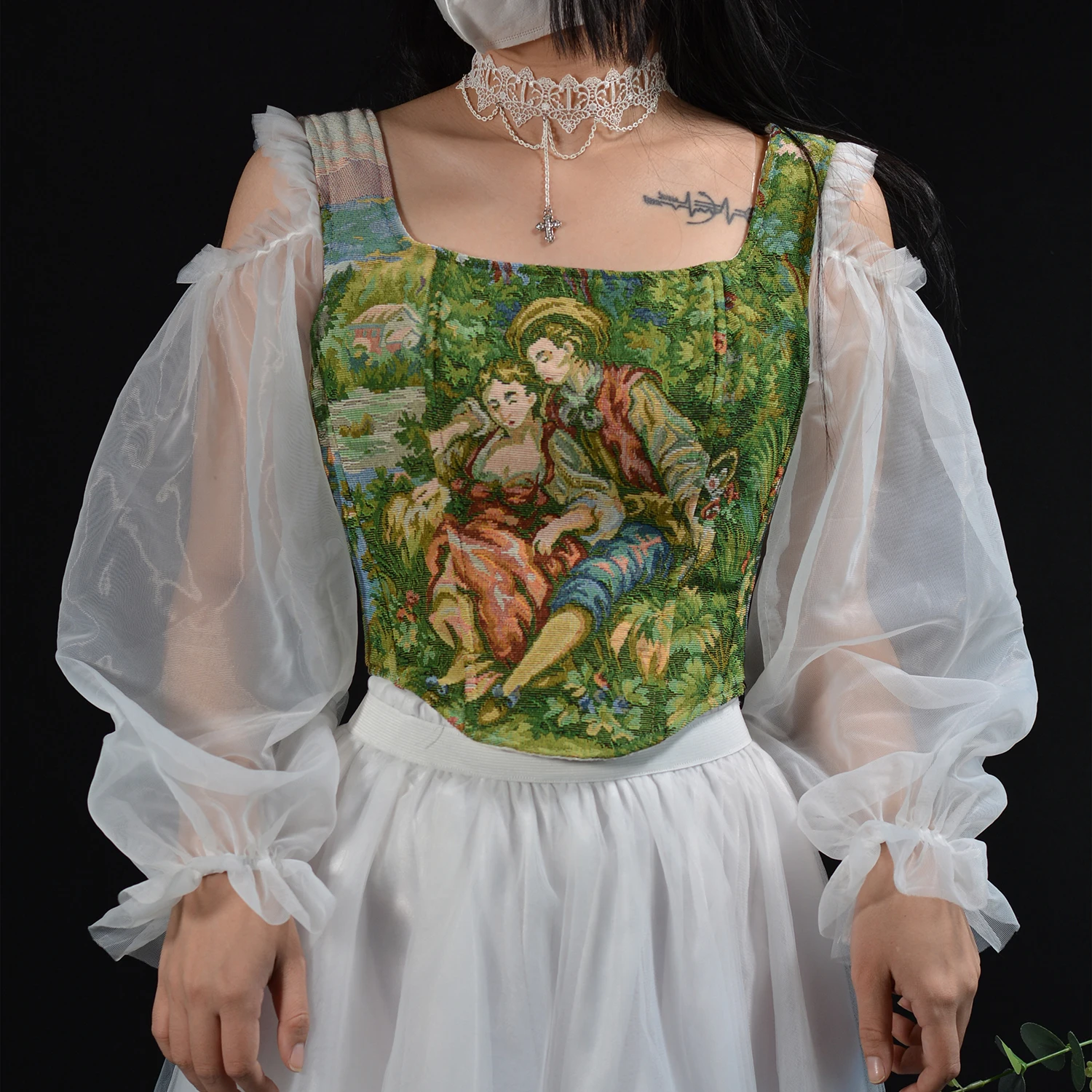 Thai Style Corset Green Spring Oil Painting Character Print Mesh Long Sleeve Vintage Corset Top Crop