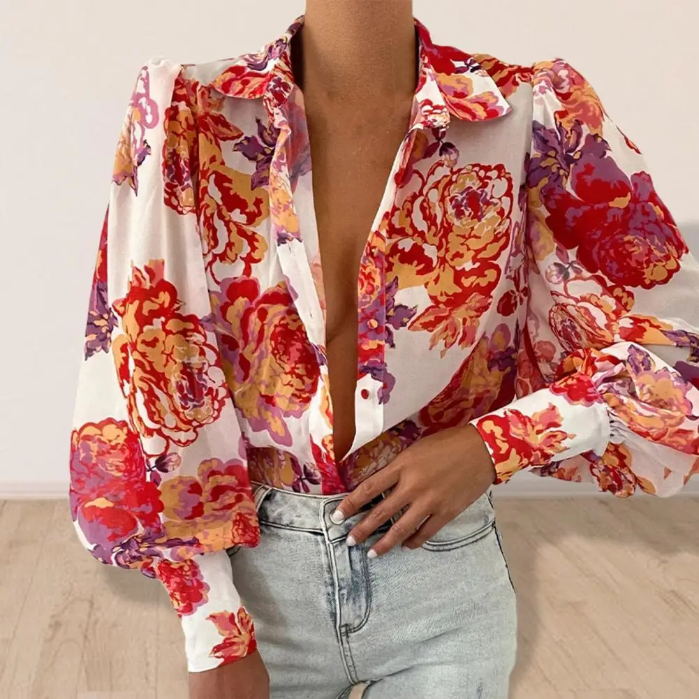 

2022 Elegant Turn-Down Collar Wide Cuffs Shoulder Pleating Women Shirt Lantern Sleeve Floral Print Vintage Shirt Ladies Clothing
