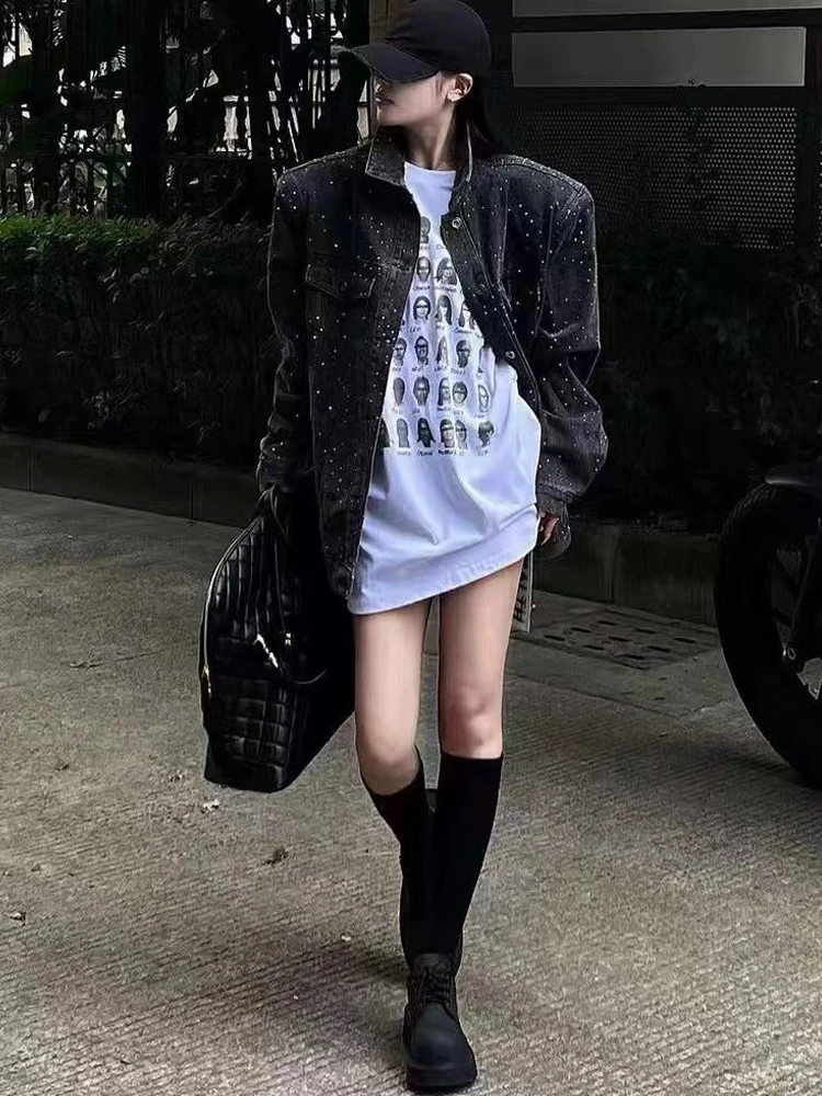 BKQU Женская Блестящая куртка большого размера черные джинсовые пальто 2024 модное