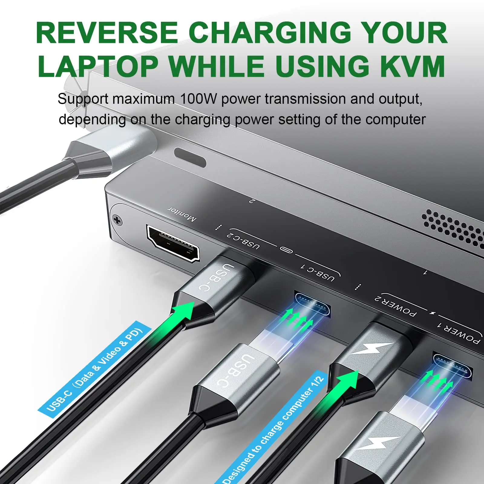 KVM-переключатель 4K USB C KCEVE 2 компьютера Share 1 монитор и 4 USB-устройства совместимый с