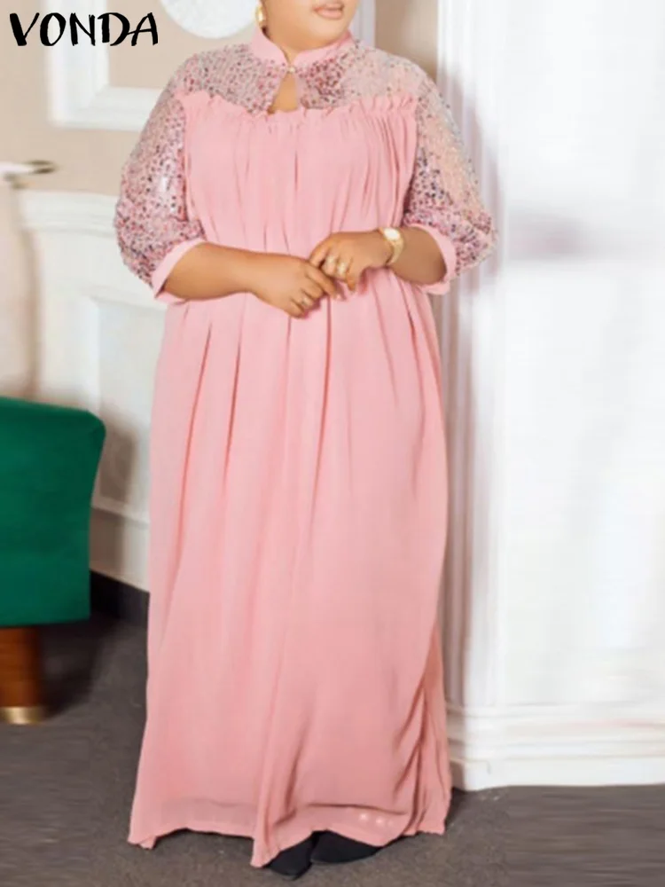 

Maxi Dress Sexy V Neck Pleated Robe VONDA Women Holiday Vestido Casual Patchwork A-Line Dresses Oversized Loose Sundress