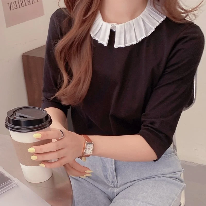 

French Sweet Women Blouse Black Patchwork Doll Collar Solid Stitching Pullover Shirt Blusas Mujer De Moda 2022 Verano Elegantes