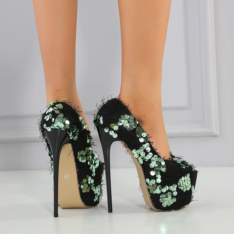 Peep Toe Sequin Stiletto 16CM High Heels Women's Pumps Summer Fashion Sexy Solid Color Black Size 35-42 Gladiator Shoes Party