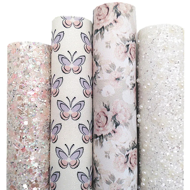 Белые жемчужные массивные блестящие кожаные бабочки с цветочным принтом