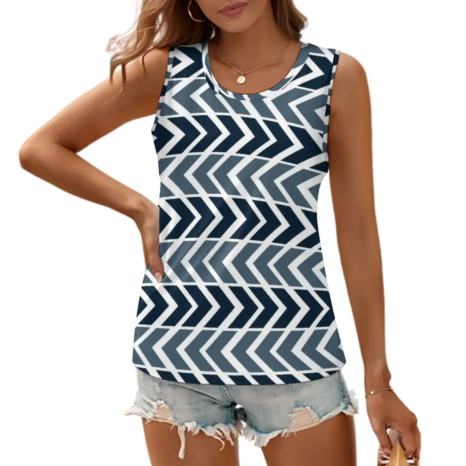 

Nordic Pattern Tank Top Blue Arrow Geometric Street Wear Tank Tops Sport Print Vest Female Cool Oversized Vests