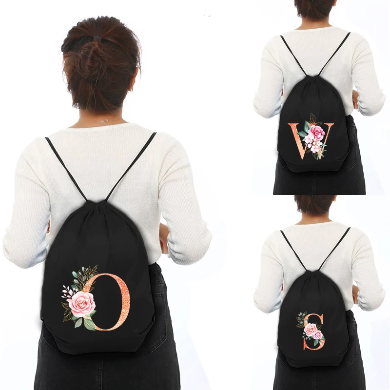 

Drawstring Shoes Bag Portable Sports Bag Orange Letter Print Drawstring Bag Women Backpack Gym Clothes Backpacks Waterproof
