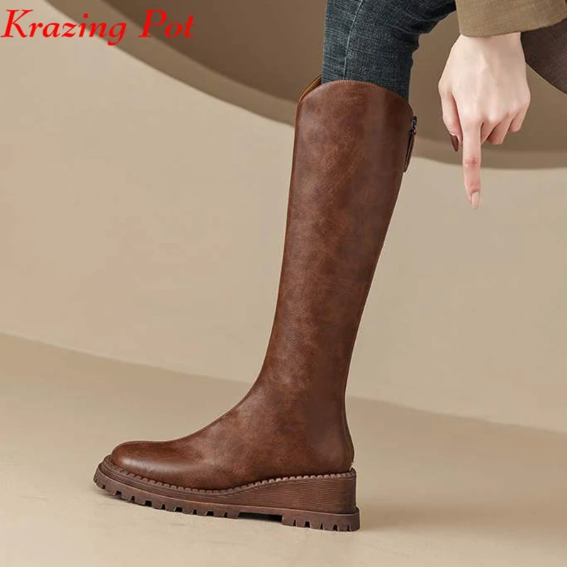 

Krazing Pot Cow Leather Round Toe Thick High Heel Winter Warm Fashion Boots Flat Platform Fashion Beauty Lady Thigh High Boots